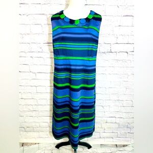 Boden Stripe Navy/Purple/Green Sheath Dress with Statement Necklace – Size 18